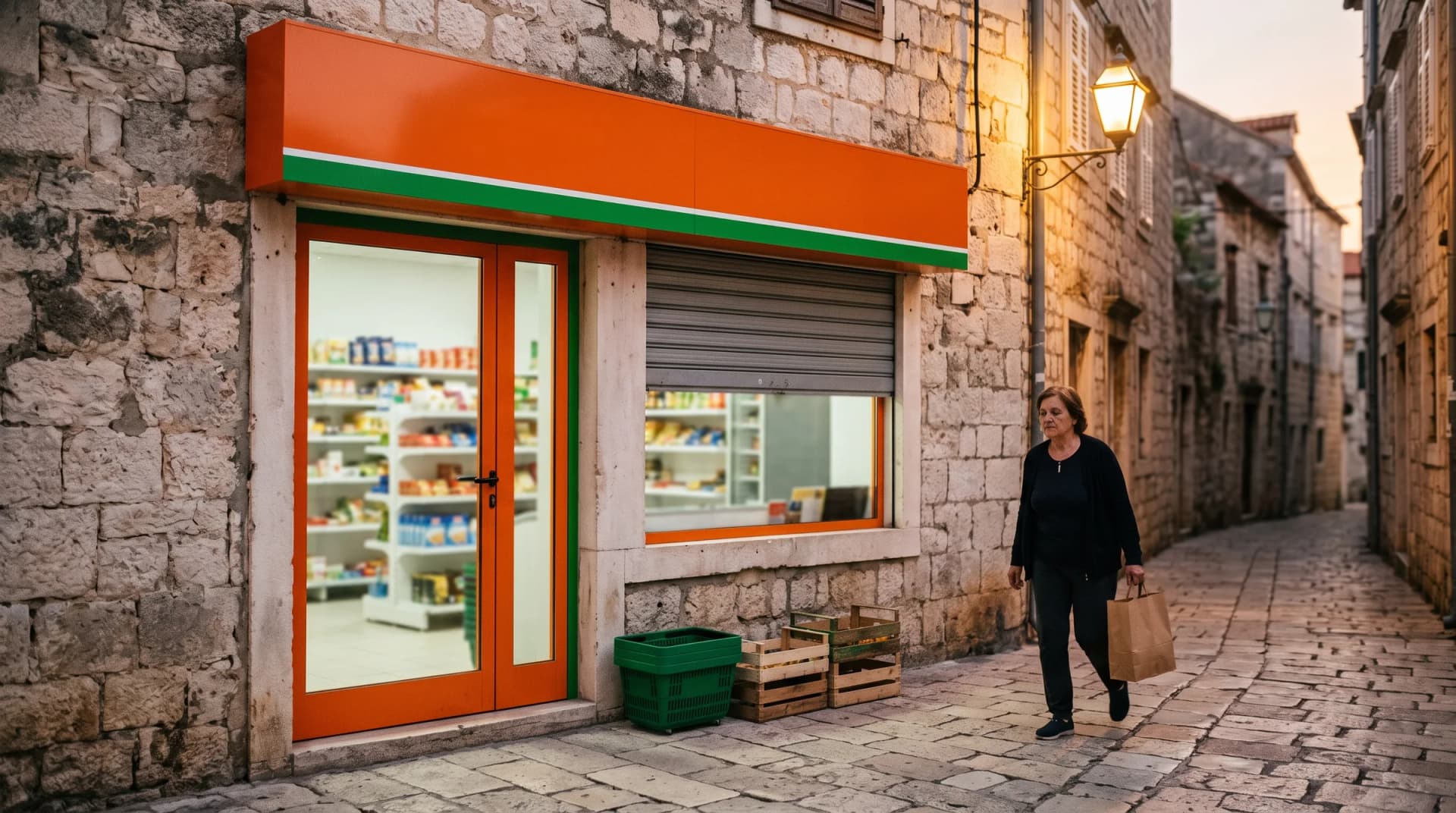 Mala trgovina u kamenoj ulici primorskog mjesta u sumrak, s napola spuštenom roletom i praznom košaricom ispred vrata