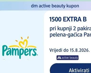 Pampers dm active beauty kupon: 1500 EXTRA B pri kupnji 2 pakiranja pelena-gaćica Pampers.