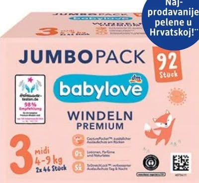 babylove premium pelene jumbo midi, vel. 3 (4-9 kg), 92 kom.