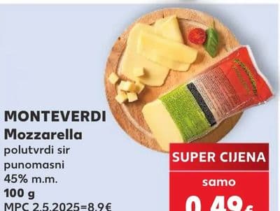 MONTEVERDI Mozzarella polutvrdi sir punomasni