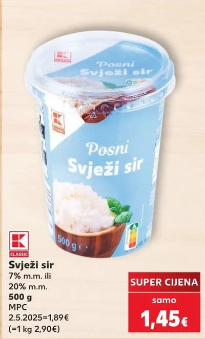 K Svježi sir 7% m.m. ili 20% m.m.