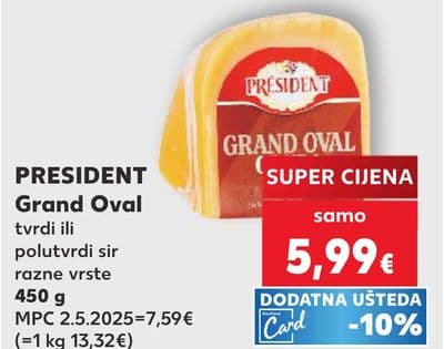 PRESIDENT PRESIDENT Grand Oval tvrdi ili polutvrdi sir