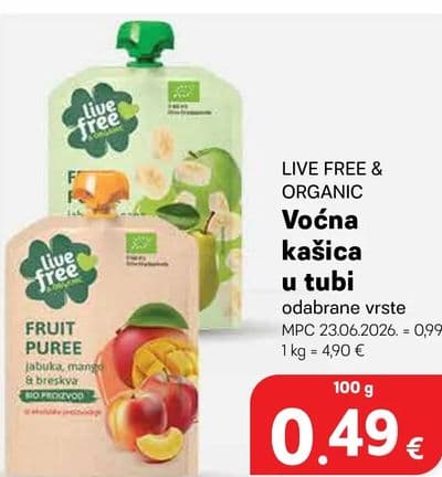 LIVE FREE & ORGANIC Voćna kašica u tubi