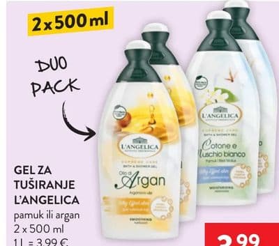 L'ANGELICA GEL ZA TUŠIRANJE L'ANGELICA pamuk ili argan 2 x 500 ml